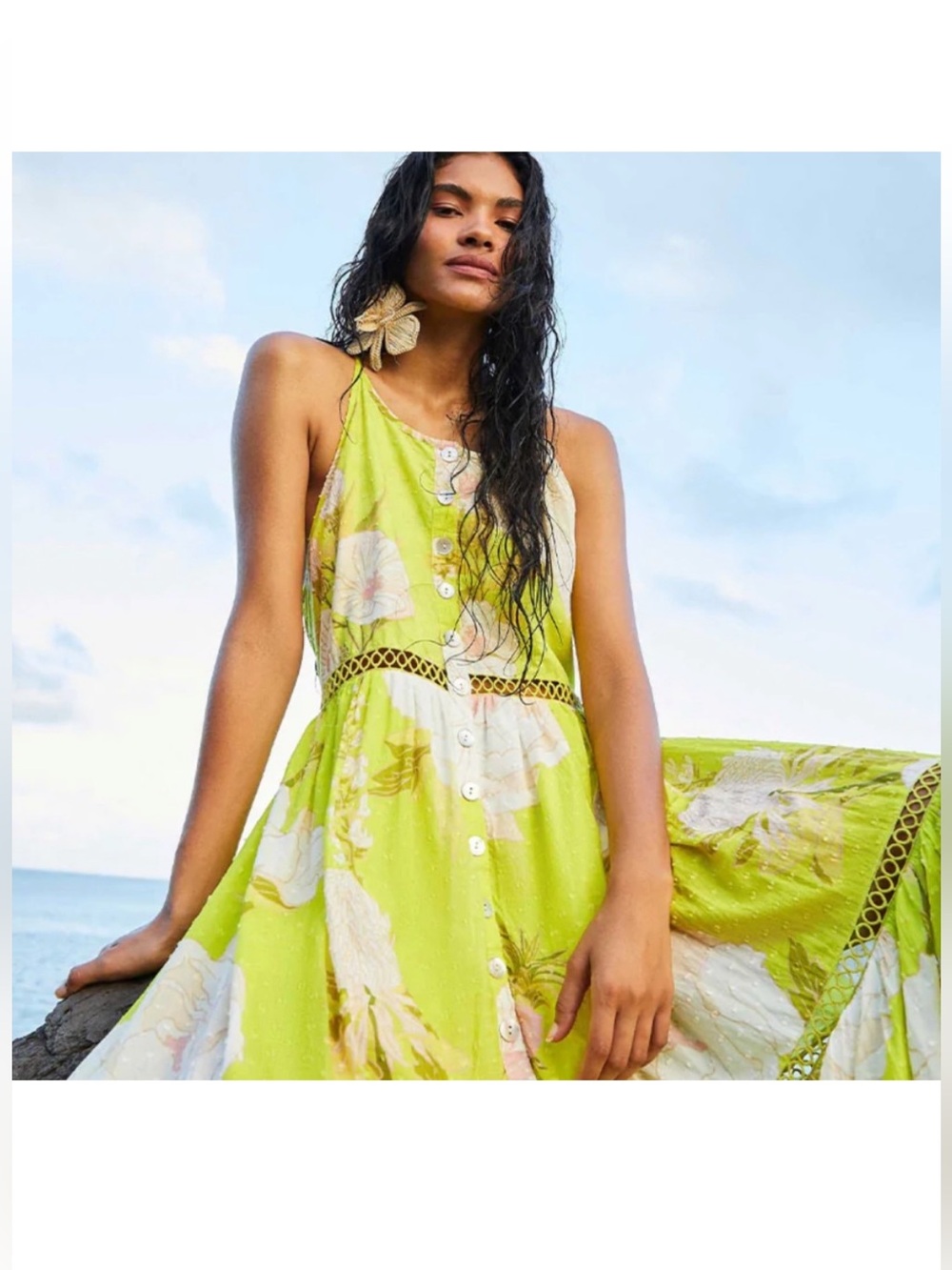 FARM Rio Neon Garden Floral Midi Summer Swiss Dot Halter Dress in neon yellow - Picture 2 of 16